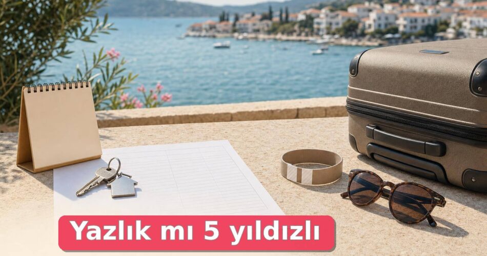 Yazlık Almak mı, 5 Yıldızlı Otelde Kalmak mı? Maliyet ve Kullanım Karşılaştırması 1 Deniz kenarında yazlık anahtarı, otel bilekliği ve valizle tatil maliyeti karşılaştırması.
