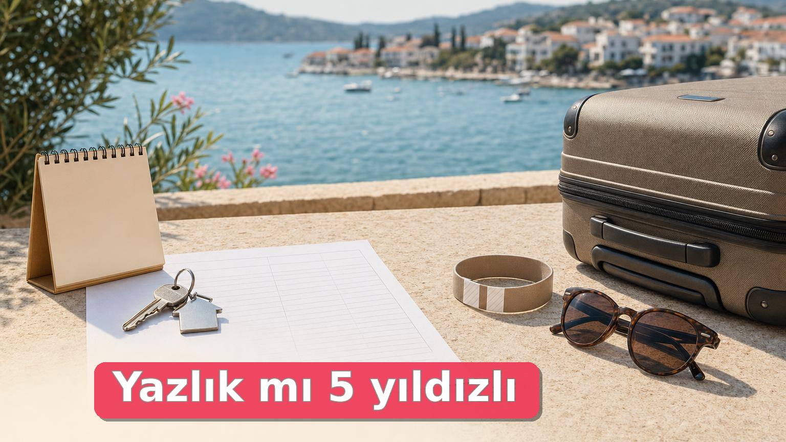 Deniz kenarında yazlık anahtarı, otel bilekliği ve valizle tatil maliyeti karşılaştırması.