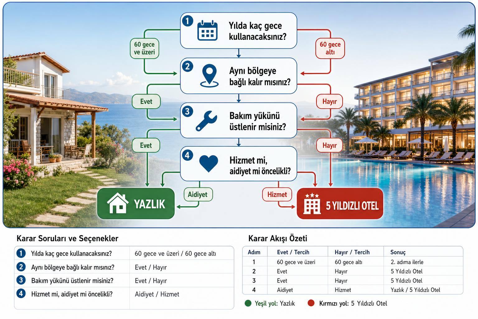 Yazlık Almak mı, 5 Yıldızlı Otelde Kalmak mı? Maliyet ve Kullanım Karşılaştırması 2 yazlık almak vs 5 yıldızlı otellerde konaklamak hakkında görsel özet