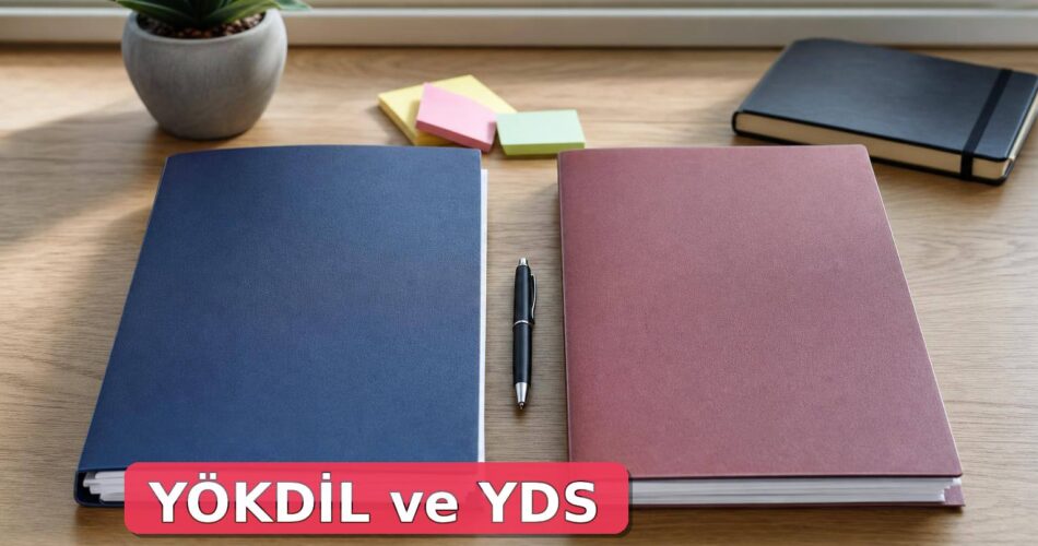 Çalışma masasında iki boş dosya ve kalemle YÖKDİL ile YDS seçimini temsil eden sahne.