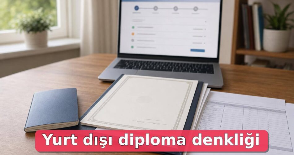 Yurt Dışı Diploma Denkliği Nasıl Alınır? YÖK Başvurusu, Belgeler ve e-Devlet Takip Rehberi 1 Diploma denkliği başvurusu için hazırlanmış belgeler ve dizüstü bilgisayarda çevrim içi takip ekranı