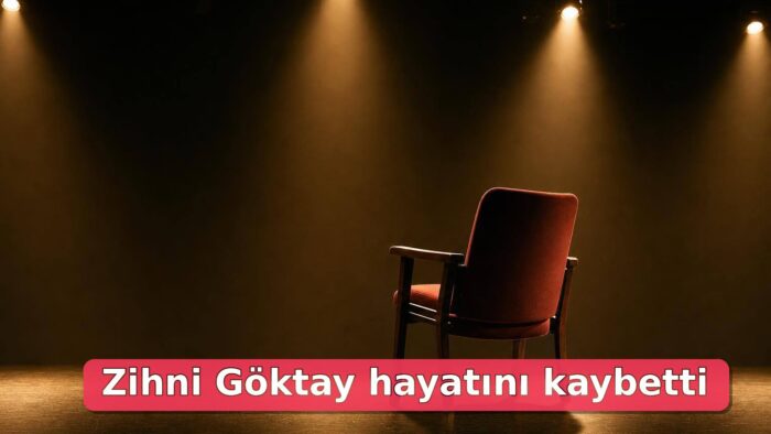 Boş tiyatro sahnesinde spot ışıkları altında tek bir sahne koltuğu.