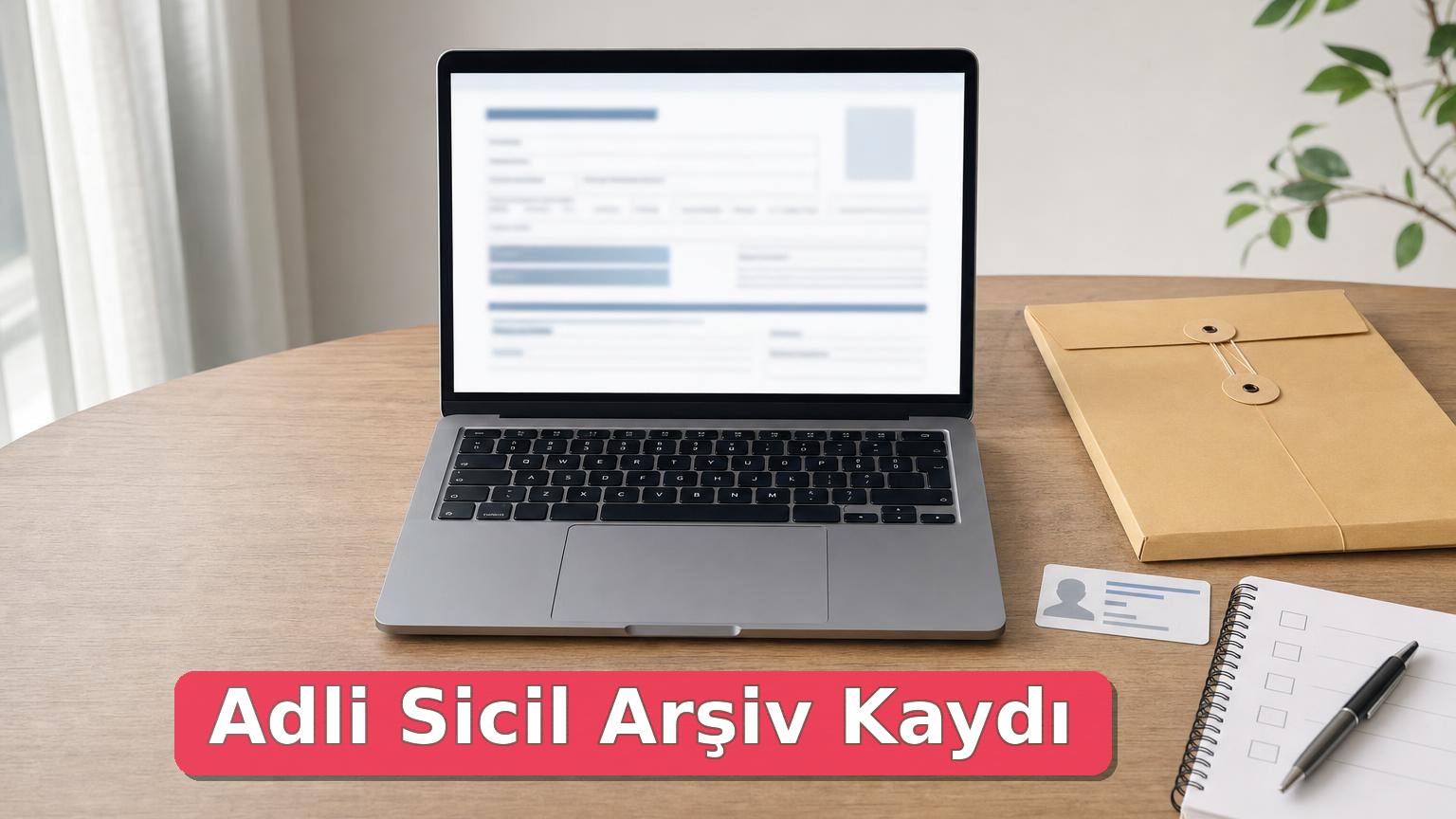 Adli sicil arşiv kaydı silme başvurusu için dizüstü bilgisayar ve belge dosyası bulunan masa