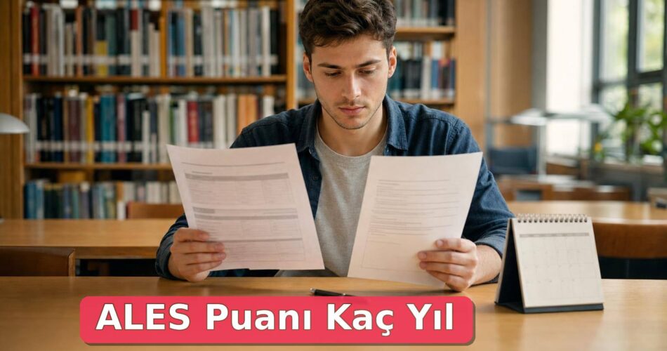 ALES Puanı Kaç Yıl Geçerli? Yüksek Lisans, Akademik Kadro ve Başvurularda Kullanım Rehberi 1 Aday, ALES sonuç belgesi ve yüksek lisans başvuru tarihini kütüphanede karşılaştırıyor.