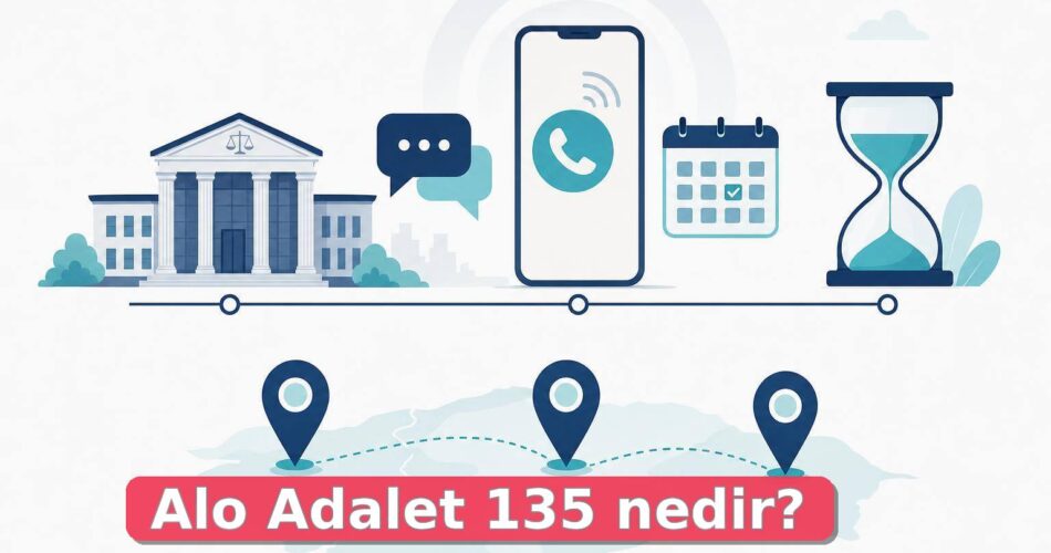 Alo Adalet 135 hizmetinin pilot illerini ve başvuru sürecini anlatan sade bilgi grafiği