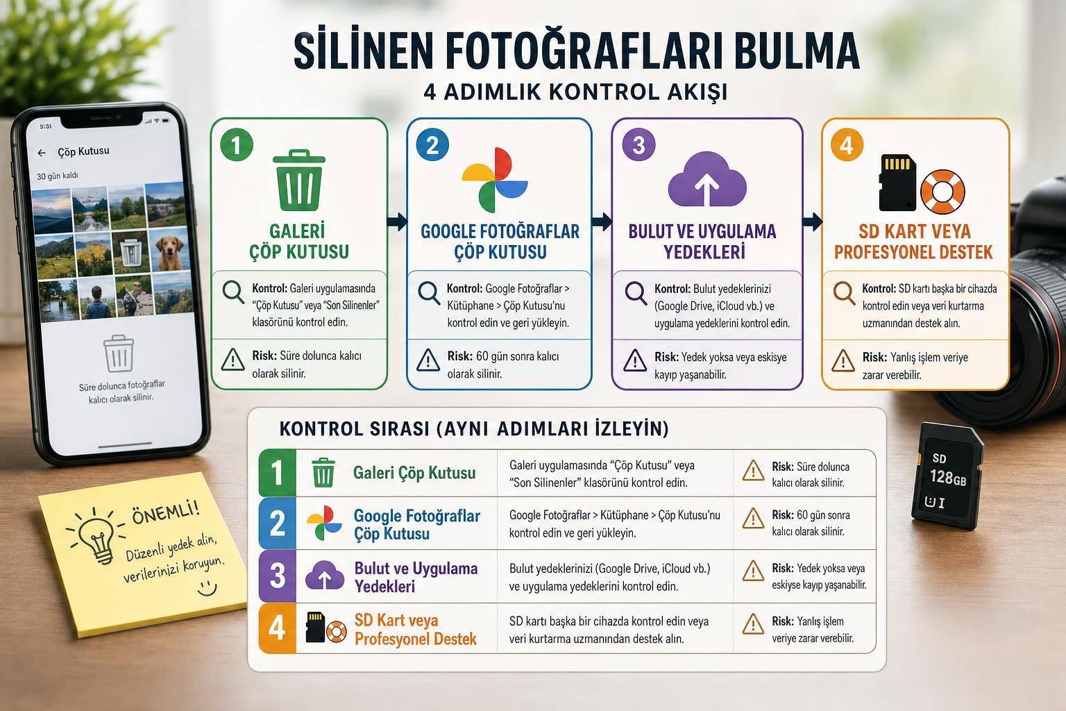 Android’de Silinen Fotoğrafları Geri Getirme: Galeri, Google Fotoğraflar ve Çöp Kutusu Rehberi 2 android silinen fotograflari geri getirme hakkında görsel özet