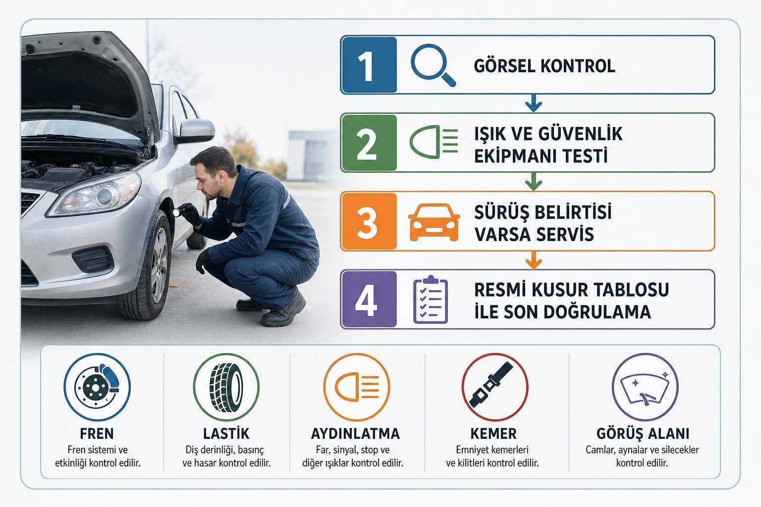 Araç Muayenesinde Ağır Kusurlar Nelerdir? TÜVTÜRK Öncesi Kontrol Listesi 2 araç muayene ağır kusurlar hakkında görsel özet