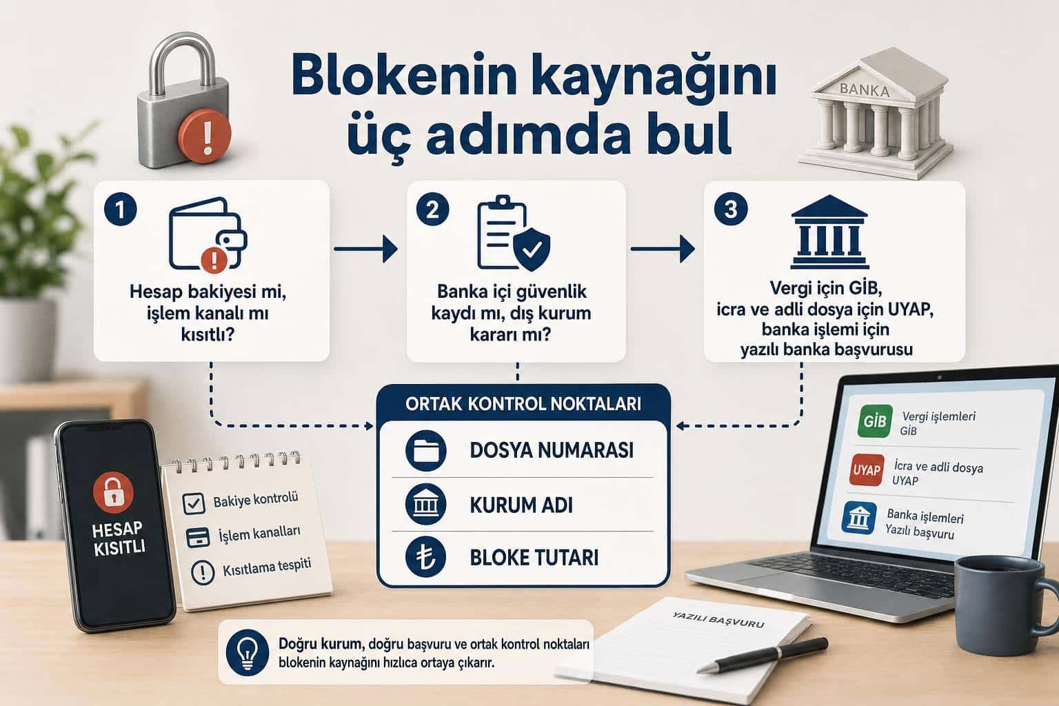 Banka Hesabı Bloke Kaldırma Nasıl Yapılır? e-Haciz, MASAK, Mahkeme ve Banka Süreci 2 banka hesabı bloke kaldırma nasıl yapılır hakkında görsel özet