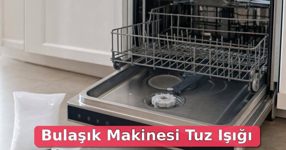 Tuz ışığı yanan bulaşık makinesinde açık tuz haznesi, huni ve bulaşık makinesi tuzu paketi