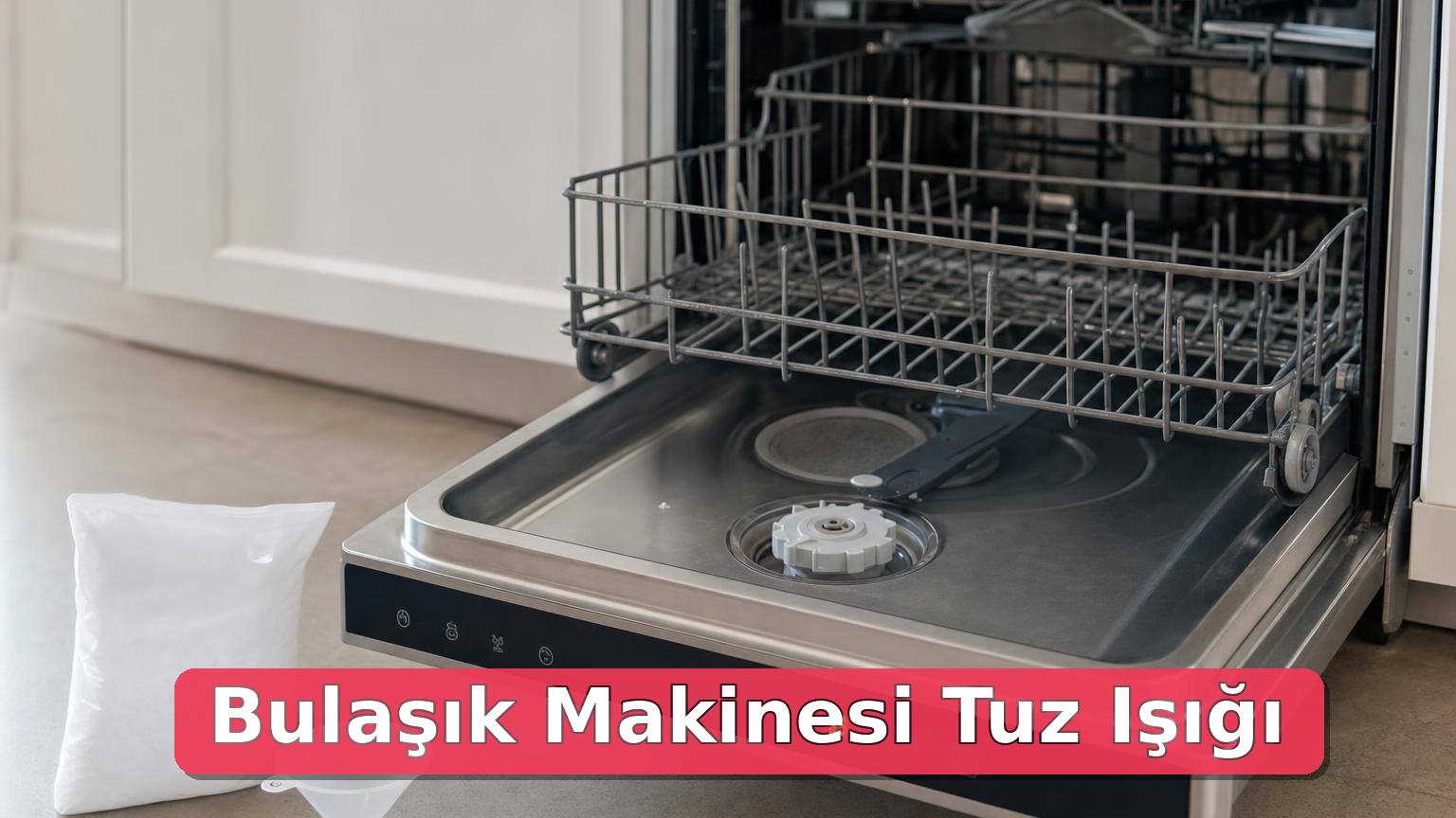 Tuz ışığı yanan bulaşık makinesinde açık tuz haznesi, huni ve bulaşık makinesi tuzu paketi