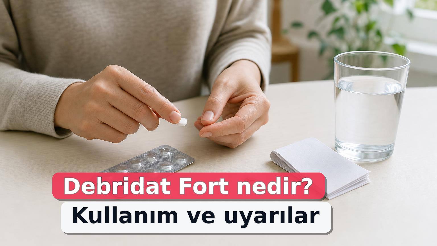 Debridat Fort kullanımı için su, tablet ve prospektüsün bulunduğu sade sağlık fotoğrafı