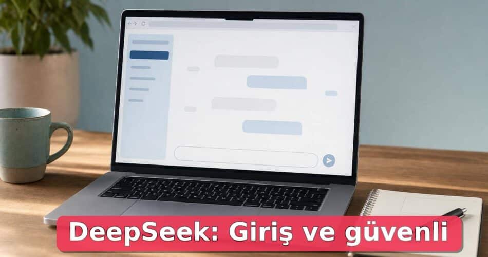 DeepSeek Giriş Yapma ve Kullanma Rehberi 1 DeepSeek kullanımı ve güvenli istem hazırlama sürecini anlatan dizüstü bilgisayar ve not defteri.