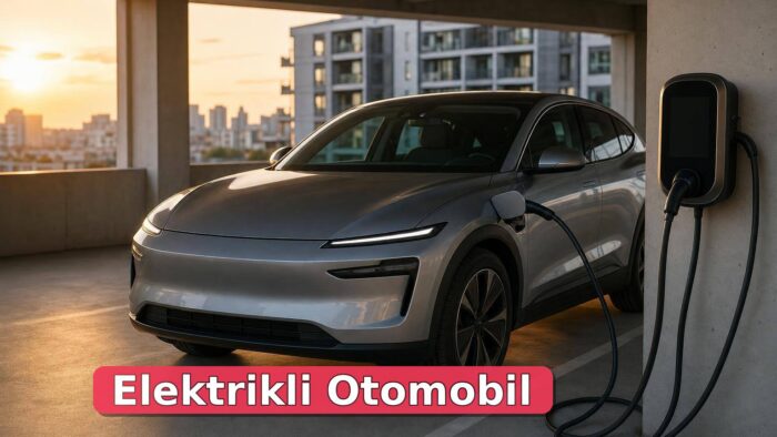 Apartman otoparkında duvar tipi şarj ünitesine bağlı elektrikli otomobil