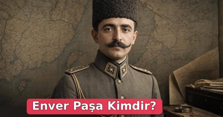 Enver Paşa Kimdir? Hayatı, Görevleri ve Tarihteki Yeri 1 Osmanlı subay üniformasıyla Enver Paşa ve arka planda silik tarihî askerî harita