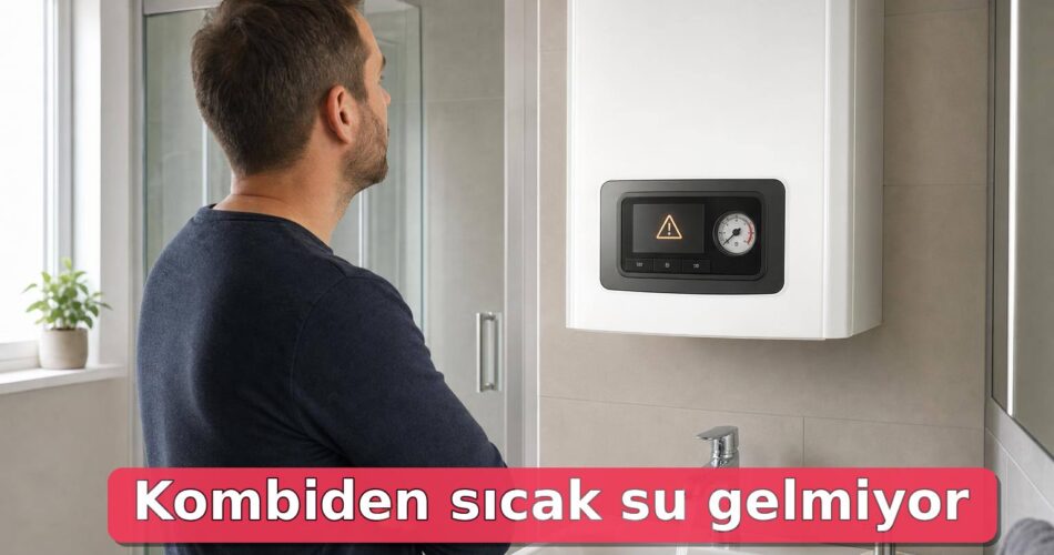 Kombiden Sıcak Su Gelmiyor: Basınç, Petek, Musluk ve Servis Öncesi Kontrol Rehberi 1 Banyoda sıcak suyu açılmış lavabo ve uyarı simgesi görünen kombiyi kontrol eden kişi