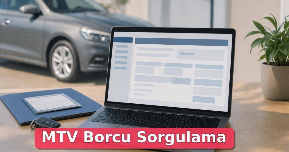 Gizlenmiş araç ruhsatı ve dizüstü bilgisayarla MTV borcu sorgulama ve ödeme sürecini anlatan masa düzeni