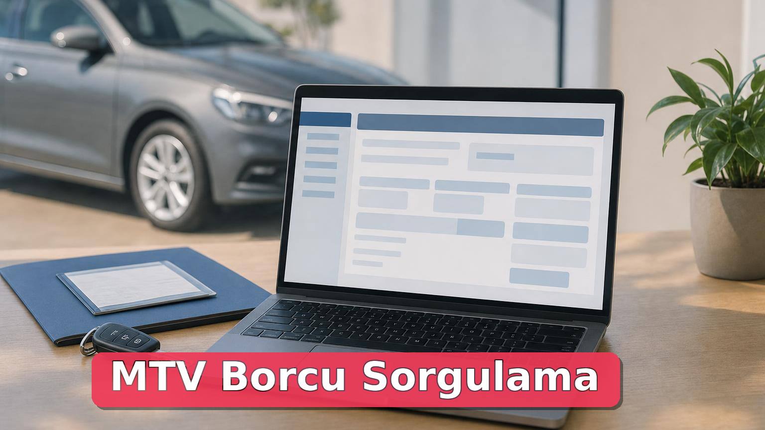 Gizlenmiş araç ruhsatı ve dizüstü bilgisayarla MTV borcu sorgulama ve ödeme sürecini anlatan masa düzeni