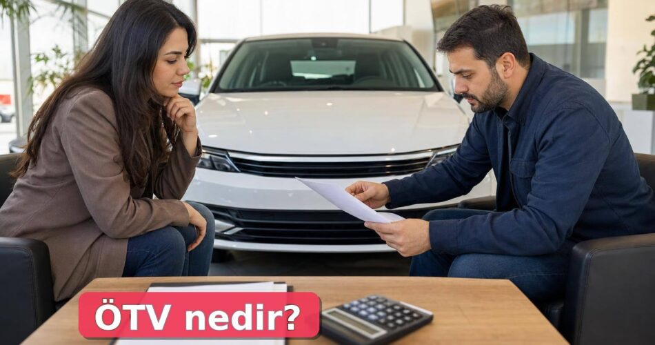 ÖTV Nedir? Taşıt Fiyatlarını ve Araç Alım Maliyetini Nasıl Etkiler? 1 Otomobil bayisinde iki alıcı, araç fiyat teklifini ve hesap makinesini inceliyor.