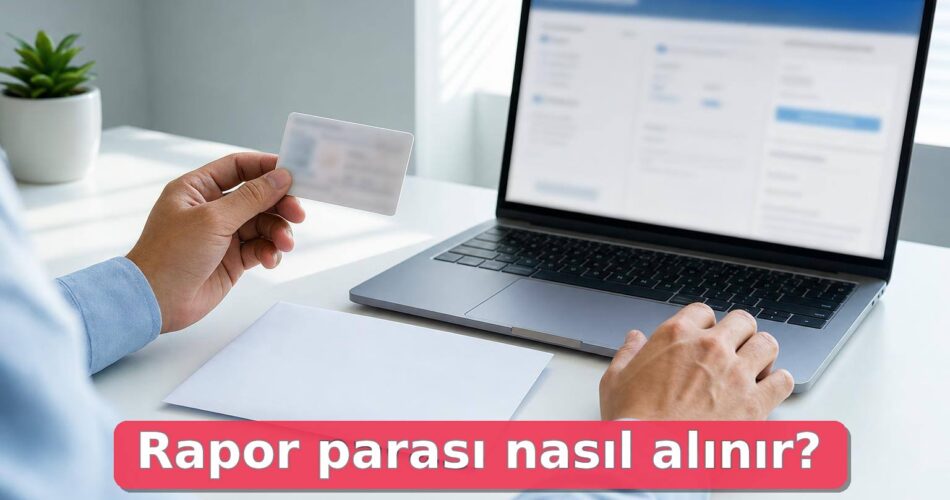 Rapor Parası Nasıl Alınır? İş Göremezlik Ödemesi Sorgulama, IBAN ve Ödeme Takibi 1 Kimlik kartı, kapalı sağlık raporu zarfı ve bulanık ödeme sorgulama ekranı bulunan masa