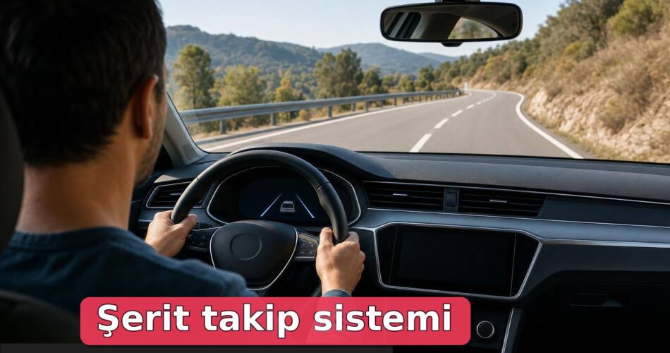 Sürücü perspektifinden görülen yolda şerit çizgilerini izleyen otomobil