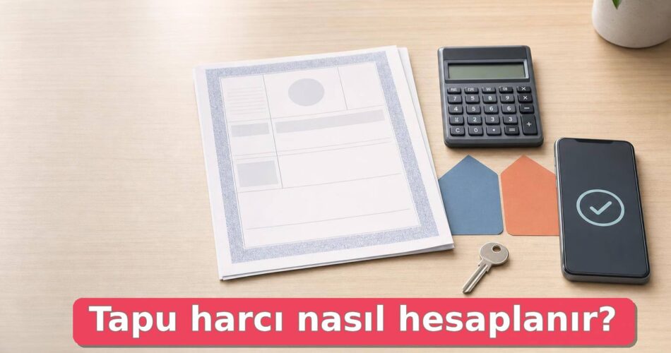 Tapu evrakı, hesap makinesi, anahtar ve ödeme telefonu ile tapu harcı hesaplama sahnesi