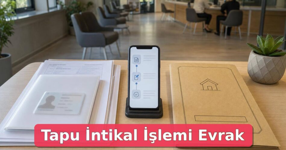 Tapu İntikal İşlemi Nasıl Yapılır? Miras Kalan Ev veya Arsa İçin Veraset, Başvuru ve Harç Rehberi 1 Tapu intikal işlemi için evraklar, tapu klasörü ve Web Tapu başvurusunu gösteren düzenli danışma masası