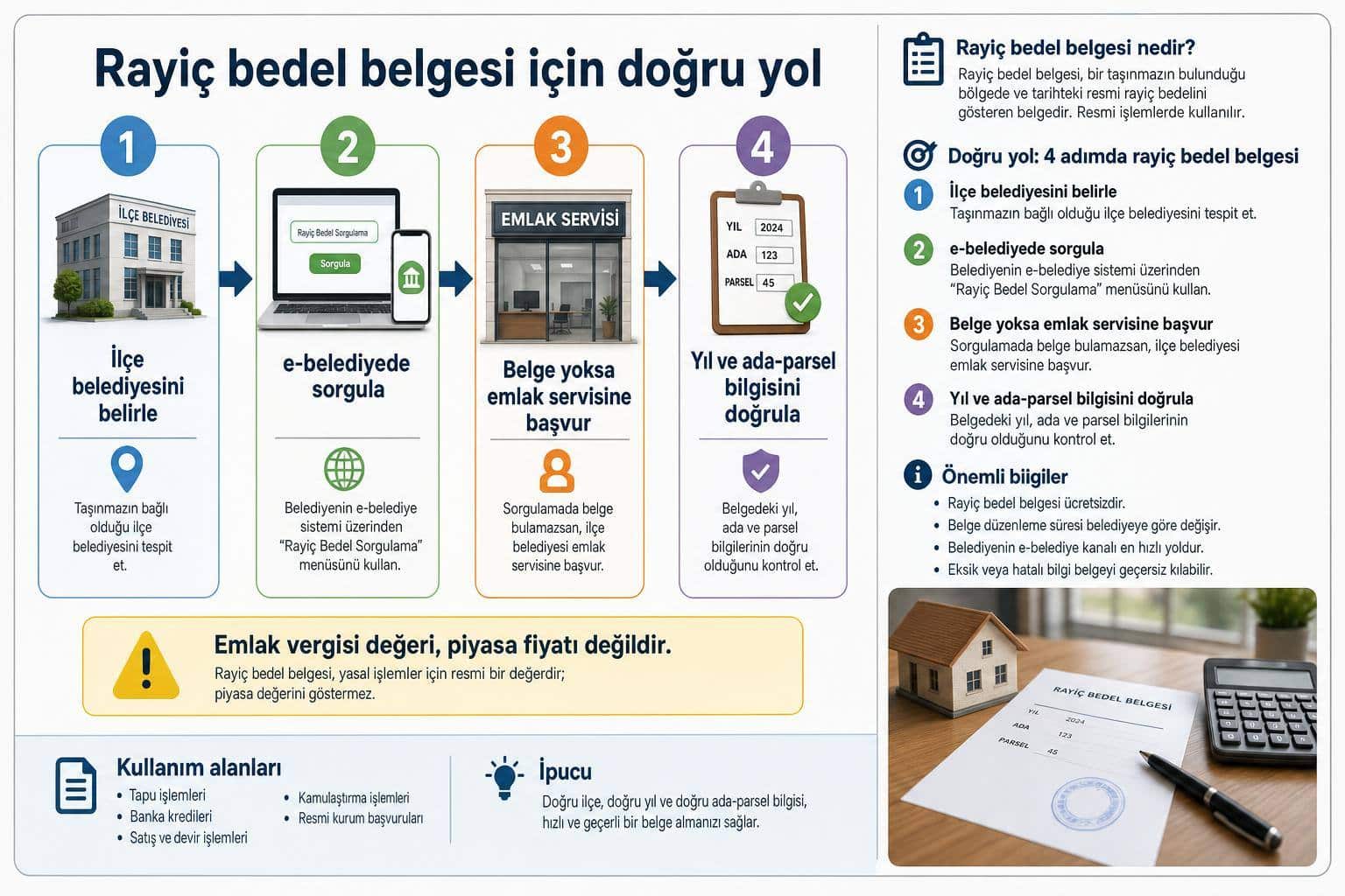 Tapu Rayiç Bedel Belgesi Nasıl Alınır? Belediye Sorgulaması, Emlak Vergisi Değeri ve Satış İşlemi 2 tapu rayiç bedel belgesi nasıl alınır hakkında görsel özet