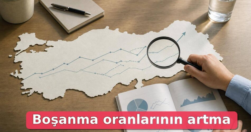 Türkiye’de Boşanma Sayısı Neden Arttı? TÜİK Verileri Nasıl Okunmalı? 1 Türkiye haritası ve büyüteçle incelenen boşanma istatistiklerini simgeleyen sade editoryal görsel