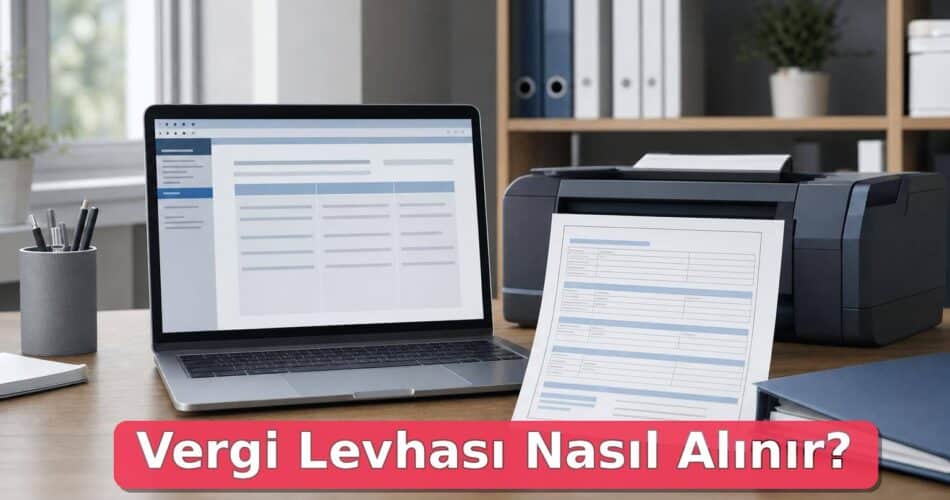 Vergi Levhası Nasıl Alınır? İnteraktif Vergi Dairesi, e-Devlet ve Sorgulama Rehberi 1 Dizüstü bilgisayar yanında temsili vergi levhası çıktısı ve dosya bulunan küçük işletme ofisi