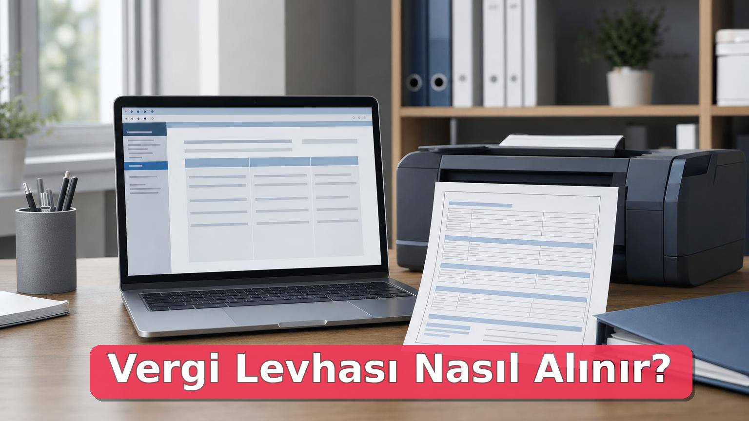 Dizüstü bilgisayar yanında temsili vergi levhası çıktısı ve dosya bulunan küçük işletme ofisi