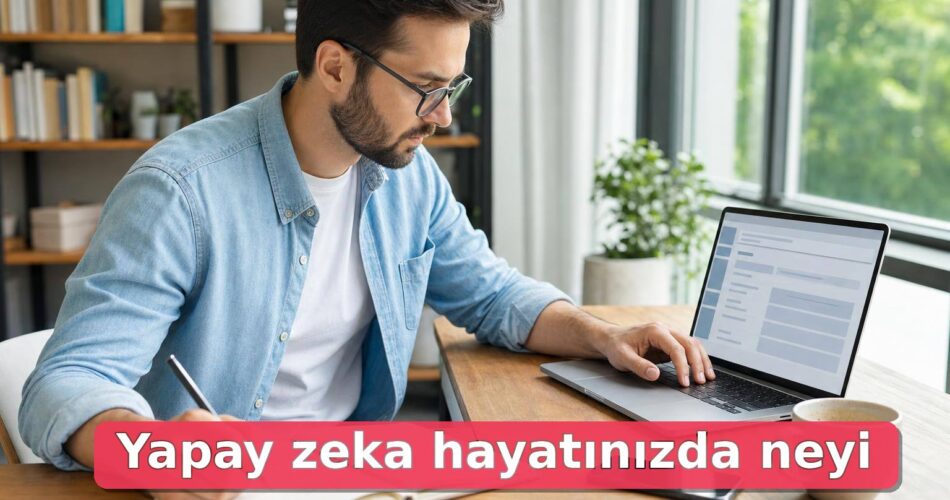 Yapay Zeka Günlük Hayatta Neleri Değiştirdi? Kullanım Alanları ve Sınırlar 1 Evden çalışan kişi, yapay zekâ destekli günlük görevlerini dizüstü bilgisayar ve not defteriyle kontrol ediyor.