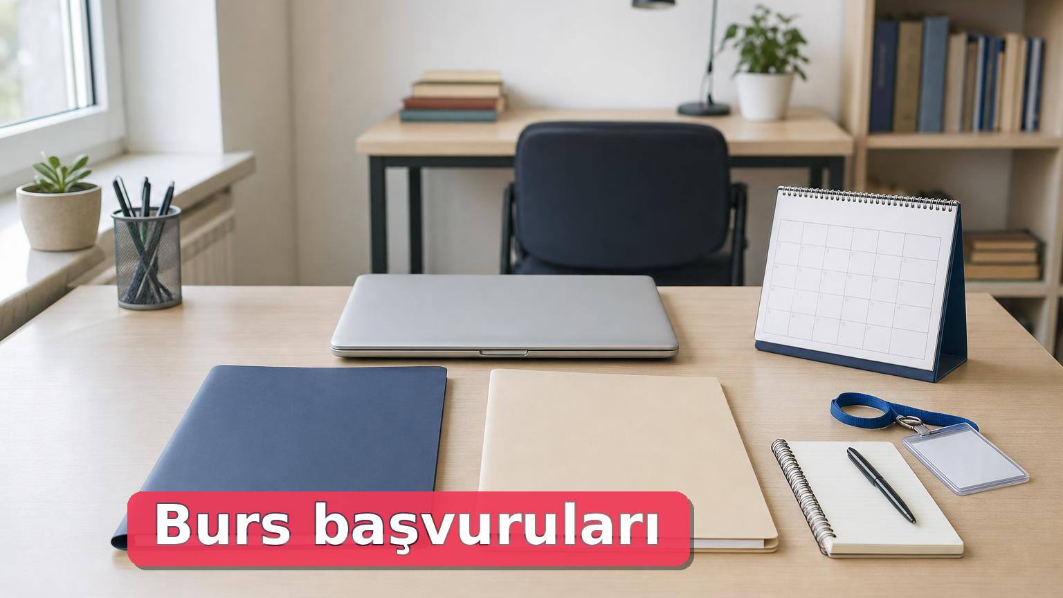 Burs başvurularına hazırlanan öğrencinin çalışma masasında belgeler, takvim ve kapalı dizüstü bilgisayar