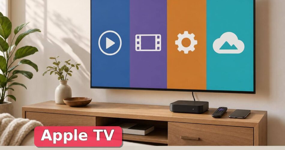 Apple TV Türkiye’de Nasıl Kullanılır? iCloud+ Aboneliğiyle Gelen Özellikler 1 Televizyona bağlı markasız medya kutusu ve farklı Apple TV hizmetlerini simgeleyen dört alan