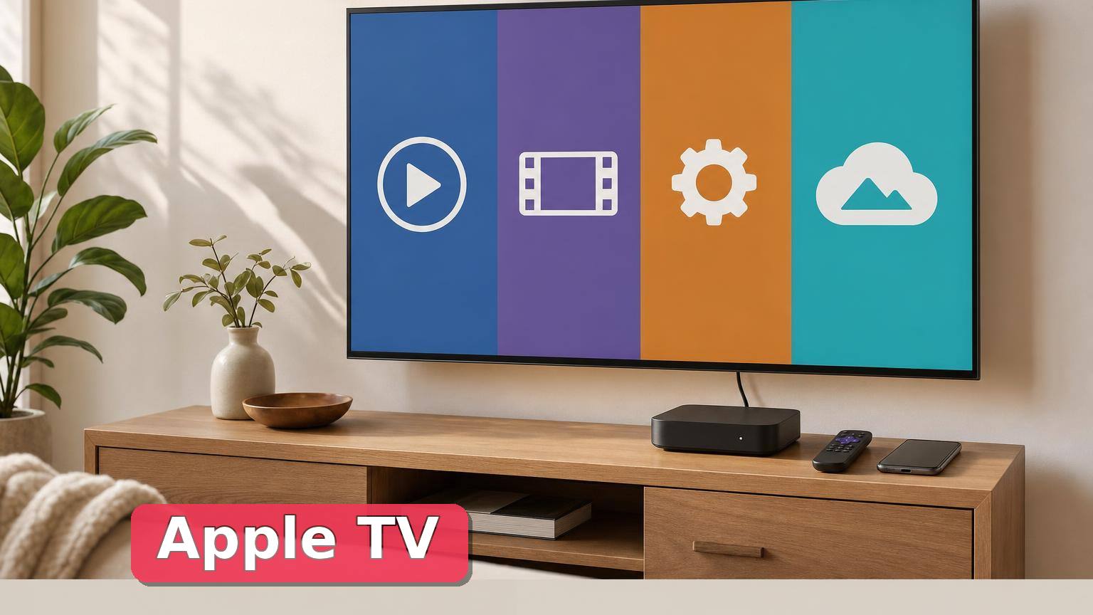 Televizyona bağlı markasız medya kutusu ve farklı Apple TV hizmetlerini simgeleyen dört alan