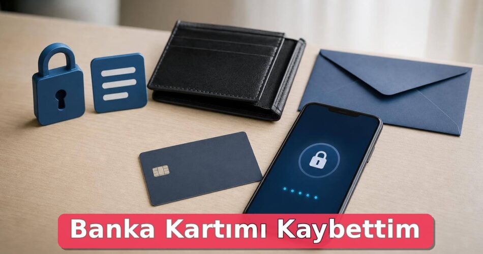 Açık cüzdan, numaraları görünmeyen banka kartı ve kilit simgesi bulunan telefon