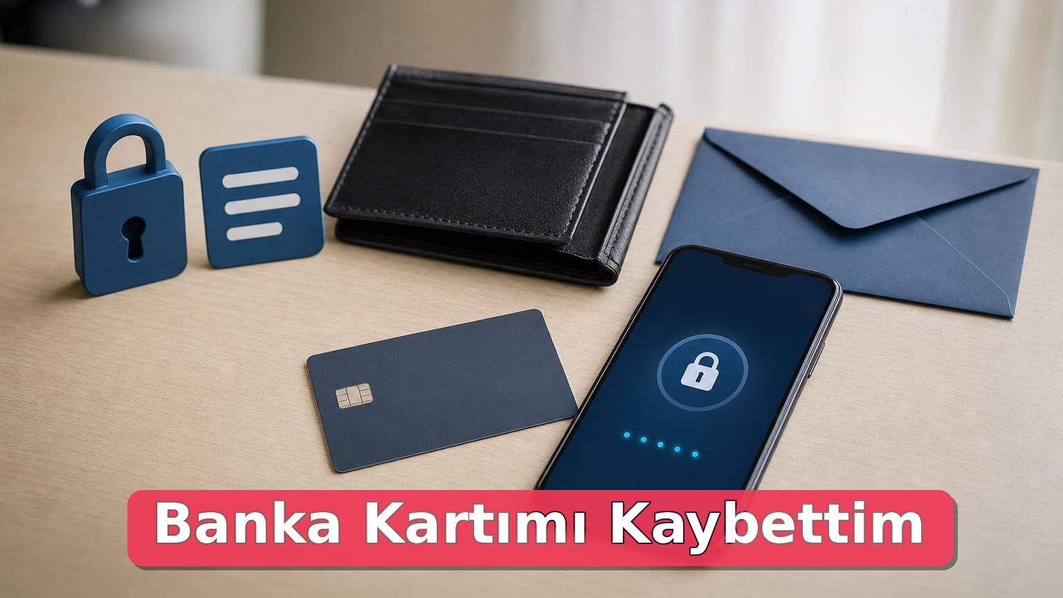 Açık cüzdan, numaraları görünmeyen banka kartı ve kilit simgesi bulunan telefon