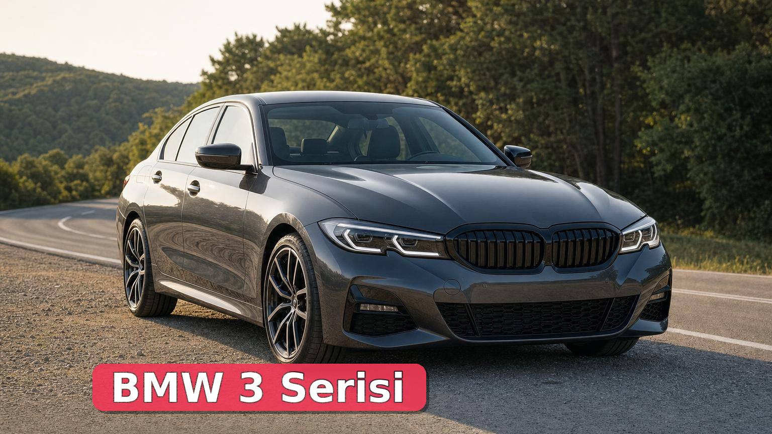 Şehir dışı yolda park hâlindeki BMW 3 Serisi sedan