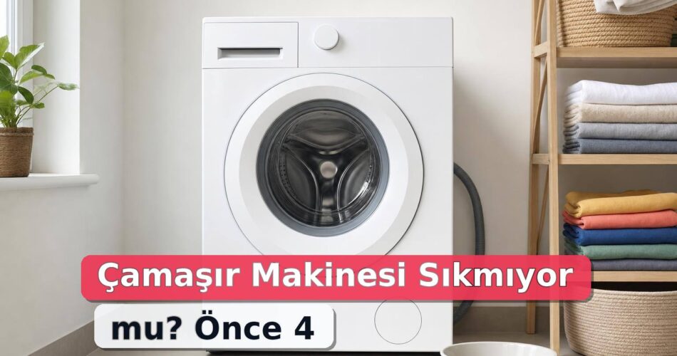Çamaşır makinesi sıkma sorunu için dengeli yük ve tahliye filtresi kontrolünü gösteren bakım sahnesi
