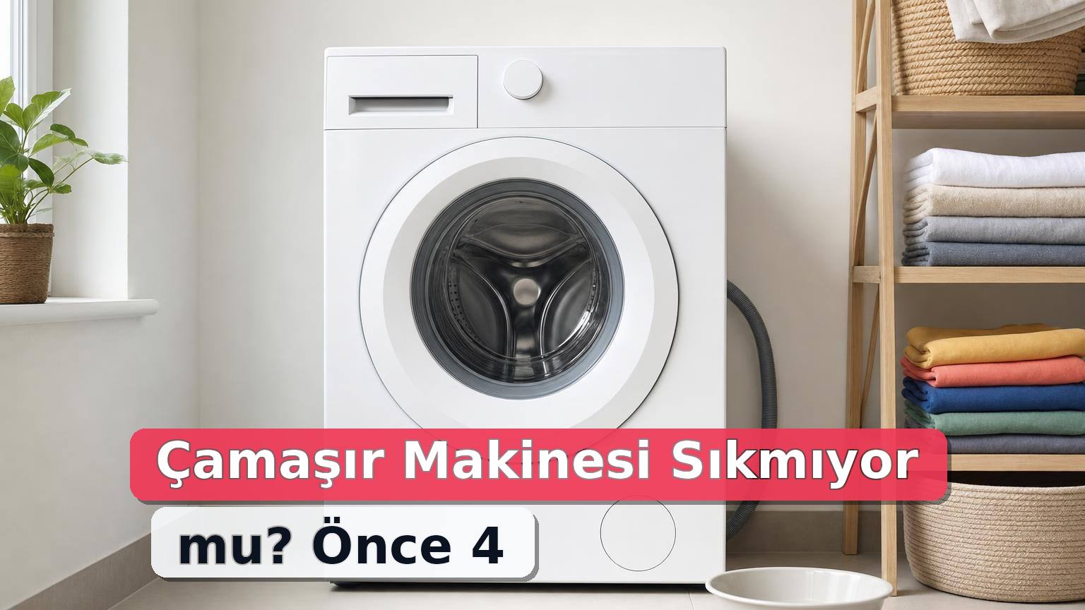 Çamaşır makinesi sıkma sorunu için dengeli yük ve tahliye filtresi kontrolünü gösteren bakım sahnesi