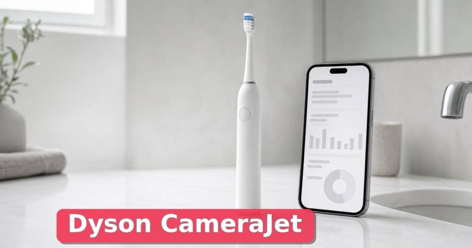 Dyson CameraJet Nedir? Kameralı Diş Fırçası Nasıl Çalışıyor? 1 Markasız elektrikli diş fırçası ve teknik doğrulama ekranı açık akıllı telefon