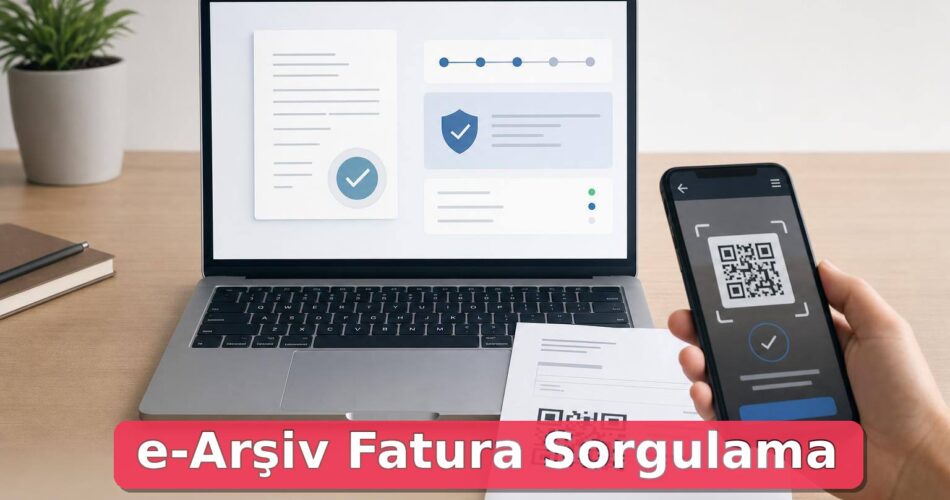 e-Arşiv Fatura Nasıl Sorgulanır? GİB Fatura Doğrulama, Belge İndirme ve Sahte Fatura Kontrolü 1 Dizüstü bilgisayar, karekodlu fatura ve telefonla e-Arşiv fatura doğrulama sahnesi