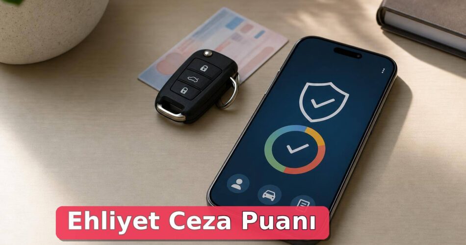 Ehliyet Ceza Puanı Nasıl Sorgulanır? e-Devlet Sürücü Belgesi Puanı ve El Koyma Riski Rehberi 1 Sürücü belgesi, otomobil anahtarı ve ceza puanı kontrolünü simgeleyen akıllı telefon