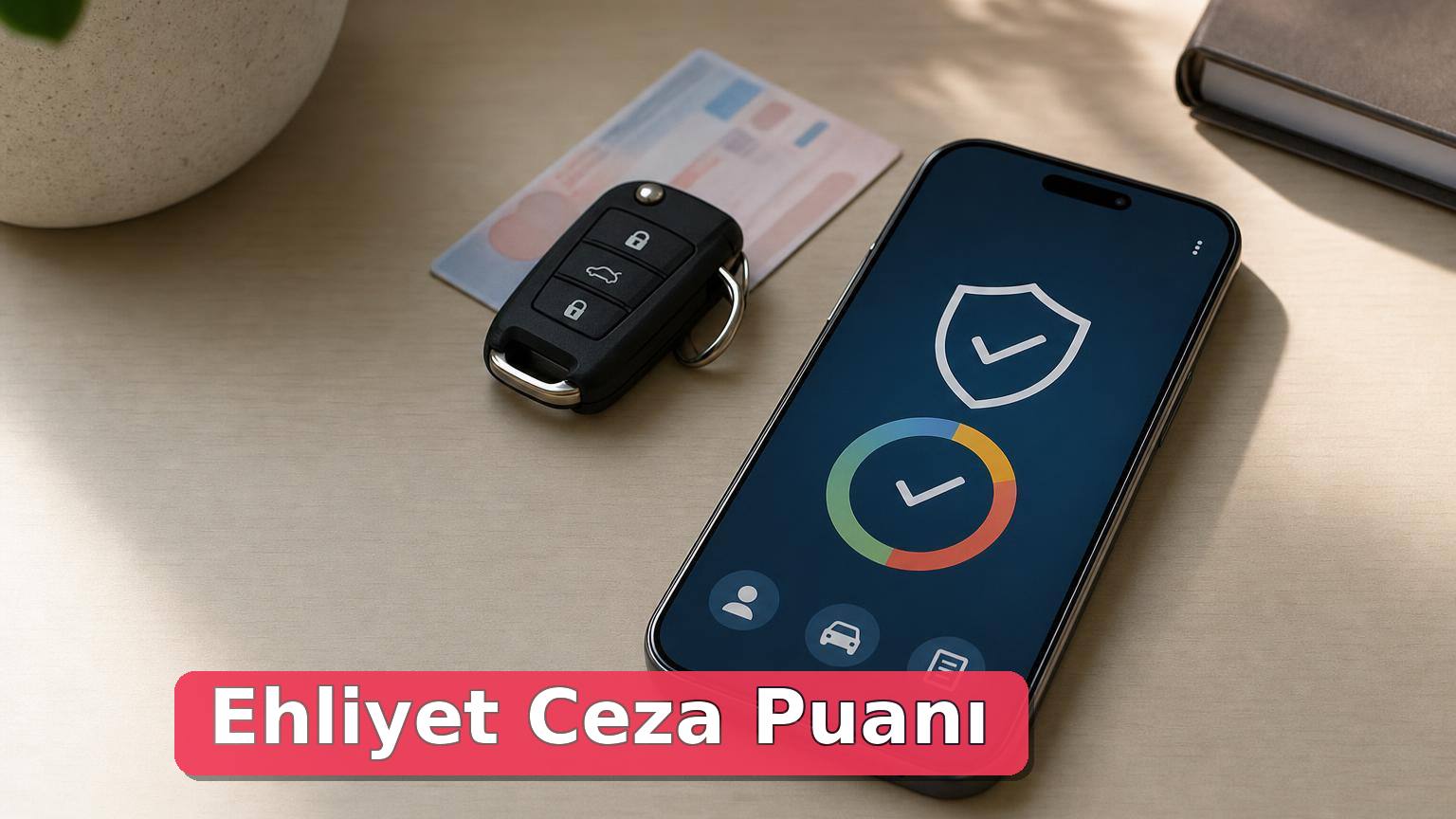 Sürücü belgesi, otomobil anahtarı ve ceza puanı kontrolünü simgeleyen akıllı telefon
