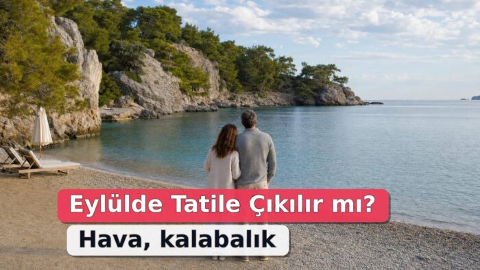 Eylül sabahında sakin bir koyda ince hırkalı çift ve az sayıda şezlong