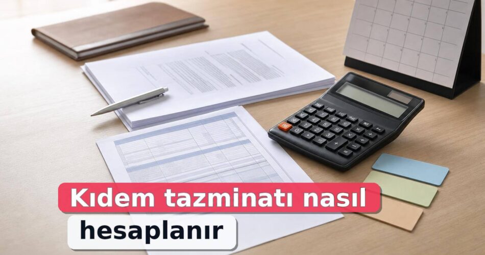 Örnek ücret bordrosu, iş sözleşmesi, takvim ve hesap makinesiyle kıdem tazminatı hesaplama sürecini anlatan masa düzeni