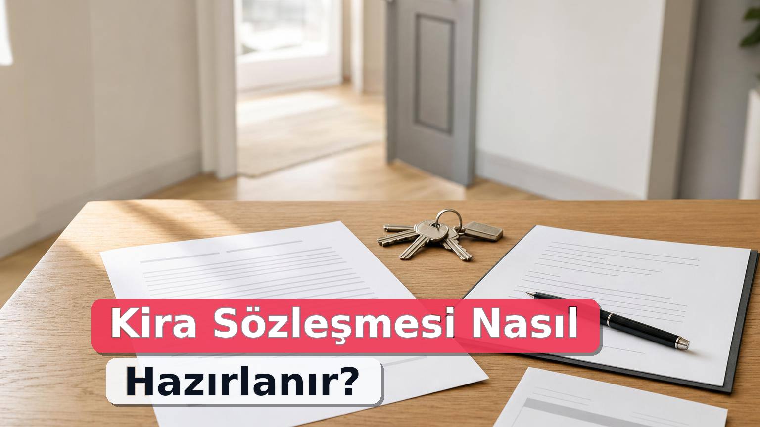 Kira sözleşmesi, teslim tutanağı, anahtar ve ödeme dekontunun ev girişindeki masa üzerinde kontrol edildiği sahne