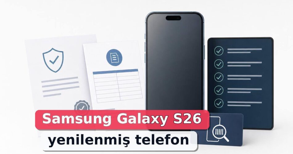 Samsung Galaxy S26 Yenilenmiş Telefon Programı Nedir? Alırken Nelere Dikkat Edilmeli? 1 Samsung Galaxy S26 yenilenmiş telefon alırken garanti, IMEI, fatura ve cihaz kontrolünü anlatan nötr illüstrasyon