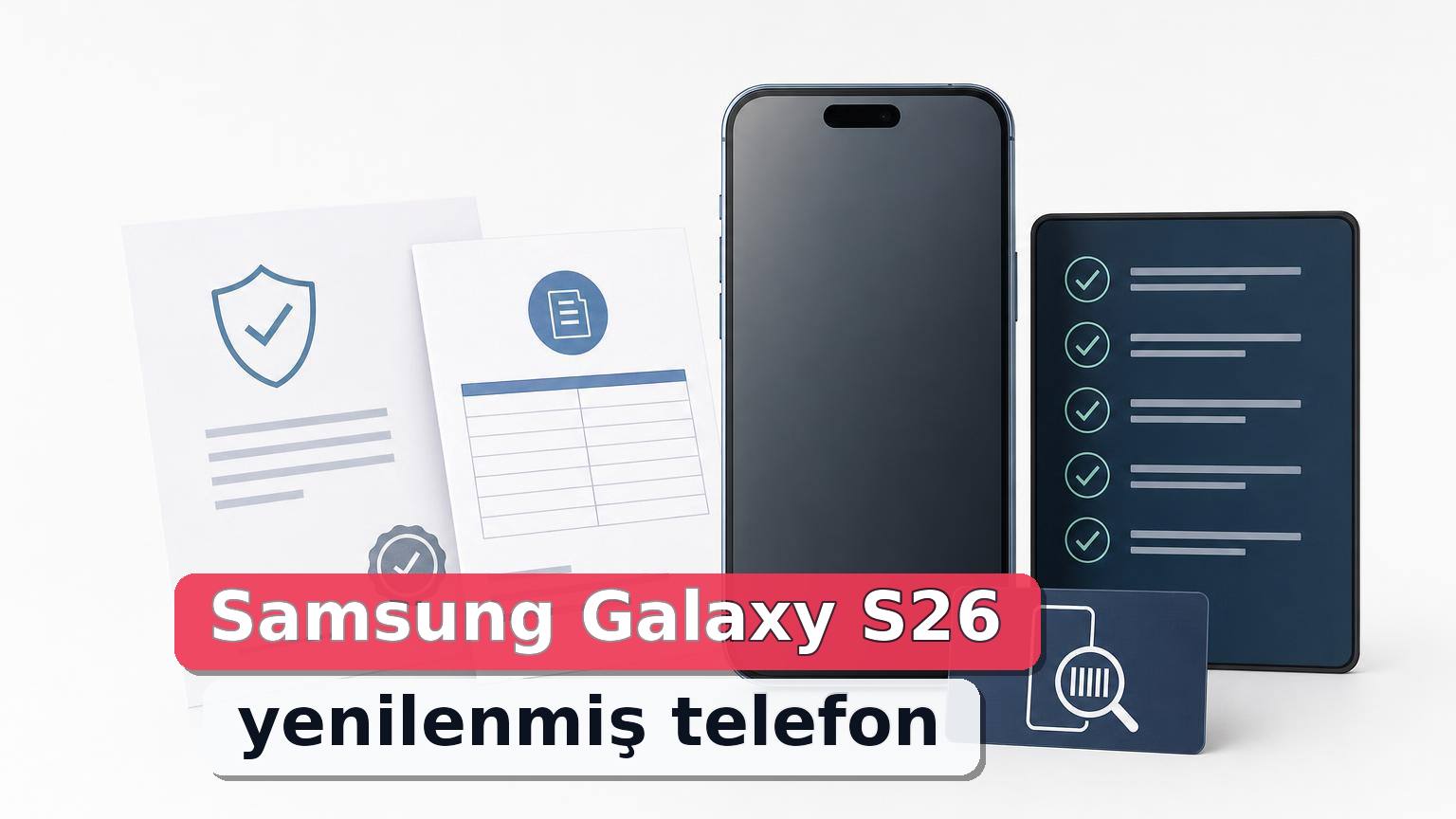 Samsung Galaxy S26 yenilenmiş telefon alırken garanti, IMEI, fatura ve cihaz kontrolünü anlatan nötr illüstrasyon