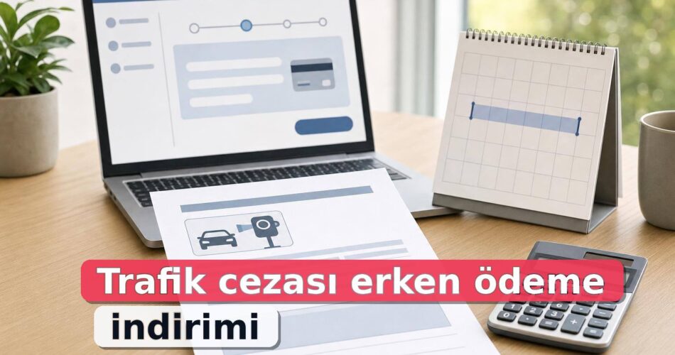 Trafik cezası erken ödeme indirimi için bir aylık süreyi gösteren takvim, bildirim belgesi ve hesap makinesi