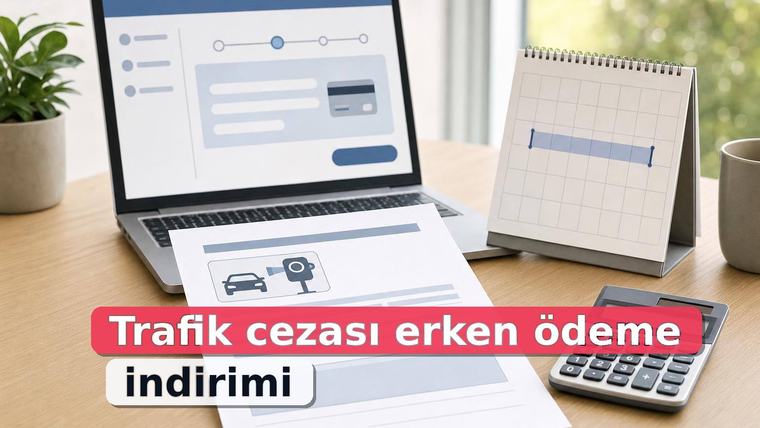 Trafik cezası erken ödeme indirimi için bir aylık süreyi gösteren takvim, bildirim belgesi ve hesap makinesi